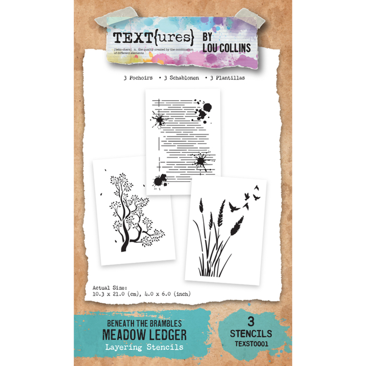 Textures by Lou Collins 'Beneath the Brambles Meadow Ledger' layering stencils, featuring three black-and-white botanical and text stencil designs on a white sheet with a kraft paper border and teal product label.