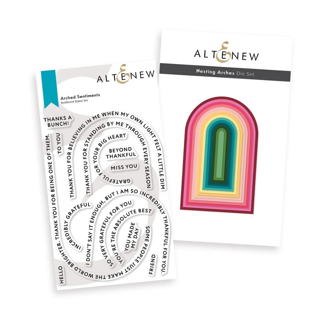 Altenew Nesting Arches Die Set and Arch Sentiments Clear Stamper sheet shown on a clean white background. The packaging card for the die set is on the right, and the clear stamp sheet with printed sentiment arches is on the left.