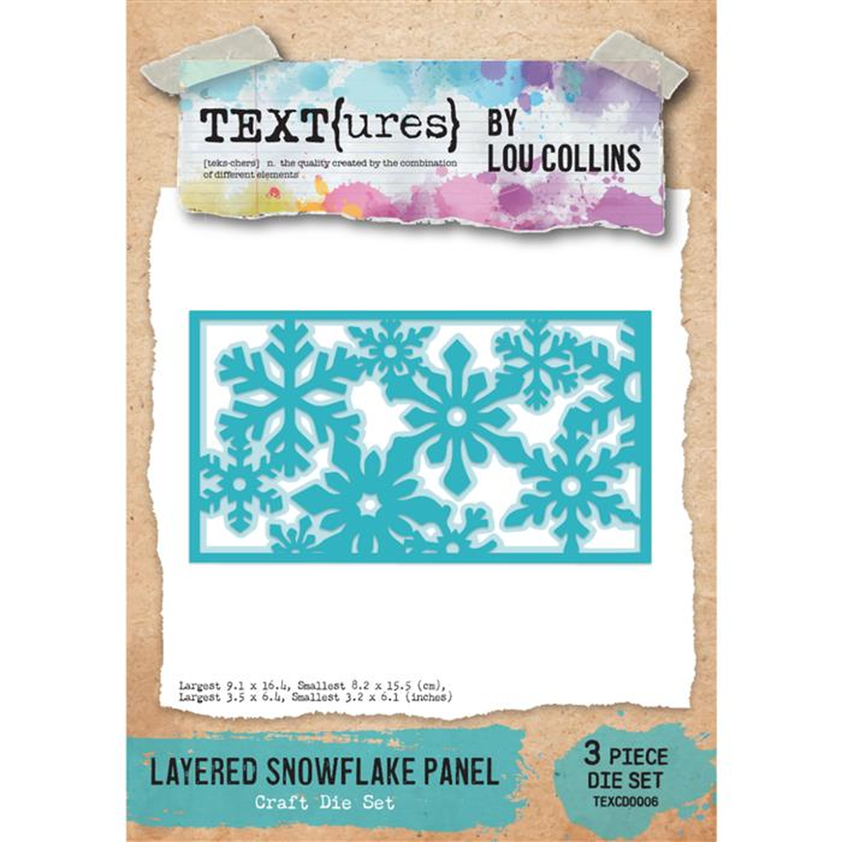 Textures by Lou Collins Layered Snowflake Panel craft die set, featuring a turquoise snowflake stencil panel on a white sheet with kraft paper backing and product details at the bottom.
