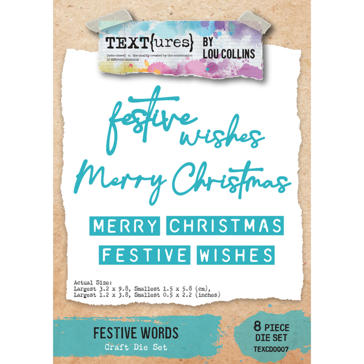 Front of a craft die set package for Textures by Lou Collins, featuring festive Christmas text designs including 'festive wishes Merry Christmas' and 'MERRY CHRISTMAS FESTIVE WISHES' on a torn white paper graphic over a kraft-paper background.