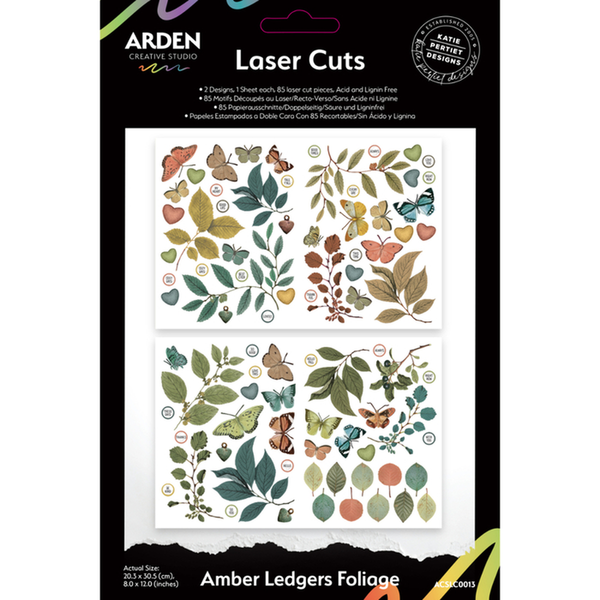 Arden Creations Studio Laser Cuts 'Amber Ledgers Foliage' sheet in black packaging, featuring two white sheets with laser-cut botanical designs of leaves, berries, and butterflies in amber, olive, and rust tones.