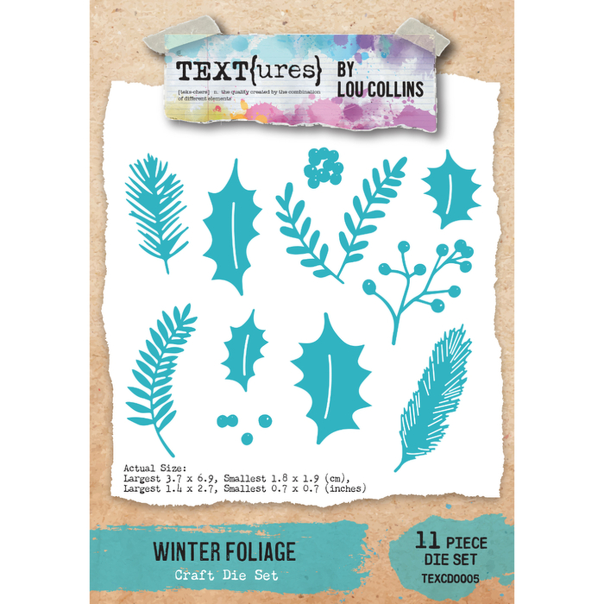 Textures by Lou Collins Winter Foliage 11-piece craft die set, featuring 11 teal-colored leaf and berry die-cut shapes on a white sheet with a rustic paper border.