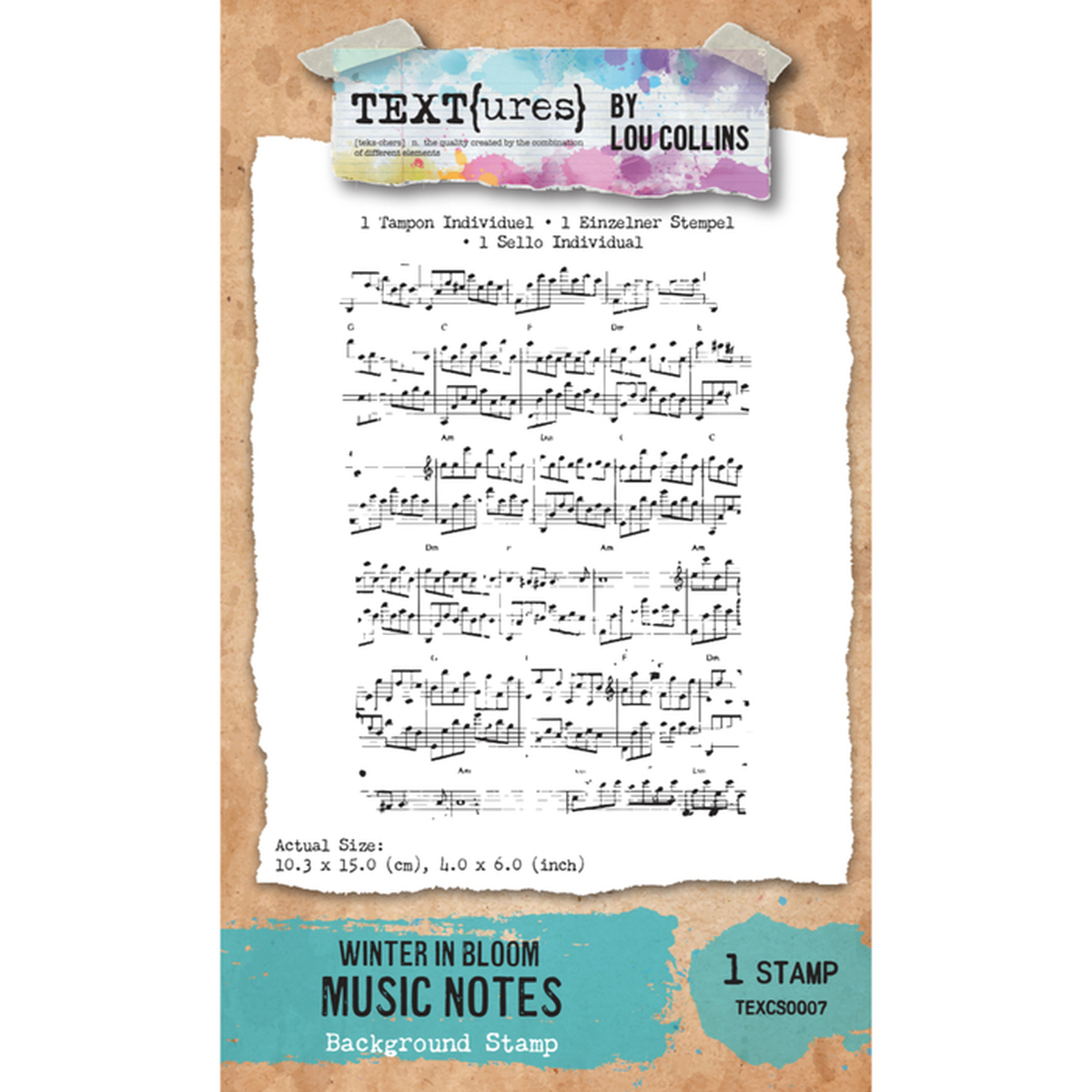 Textures by Lou Collins Winter in Bloom Music Notes background stamp, featuring a sheet of musical notes on torn paper with a watercolor header and teal product text at the bottom.