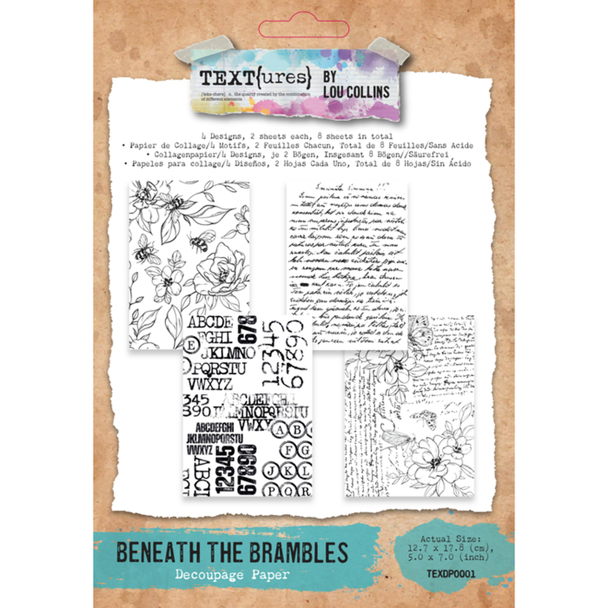 Textures by Lou Collins Beneath the Brambles Decoupage paper with text and floral designs on a cardboard packaging