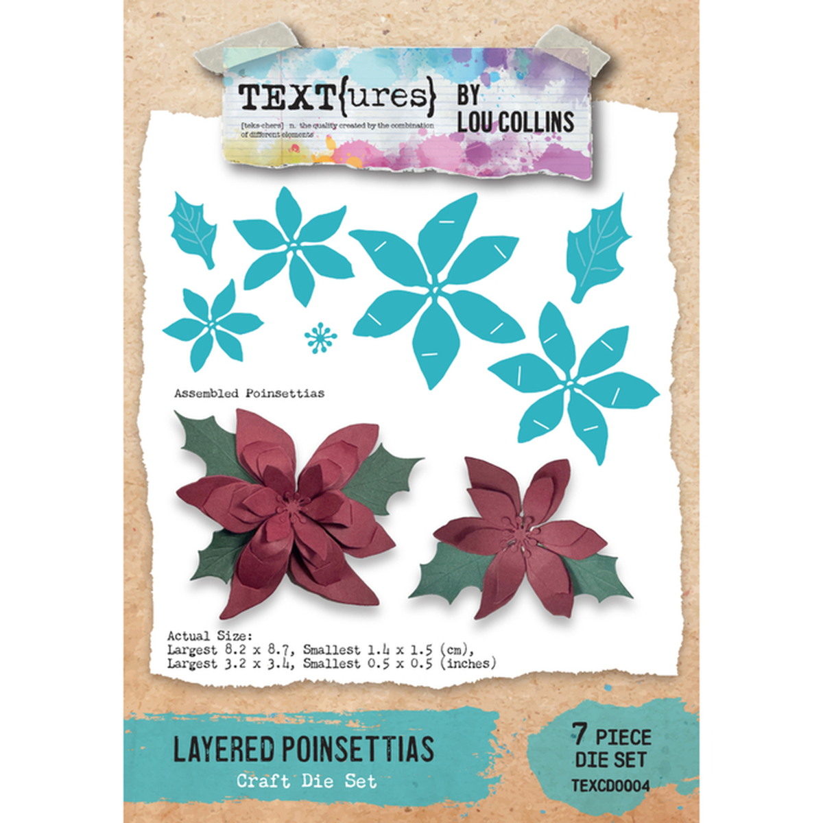 Textures by Lou Collins layered poinsettias craft die set, featuring a 7-piece set with teal and burgundy layered poinsettia shapes and green leaves on a kraft paper background.