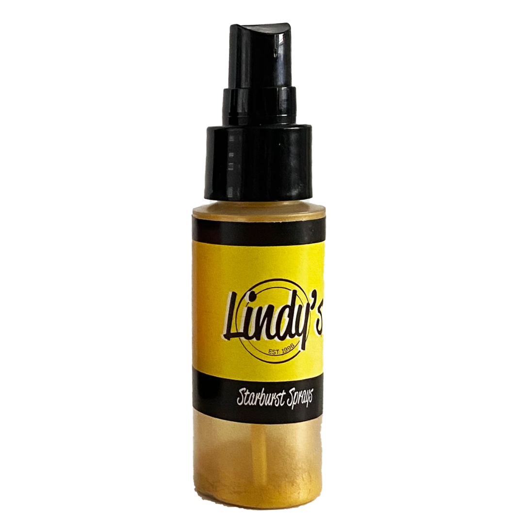 A bottle of Lindy's Starburst Sprays with a black spray nozzle and a yellow label, set against a plain white background. Lindy's Gang Yellow Rose of Texas Starburst Spray