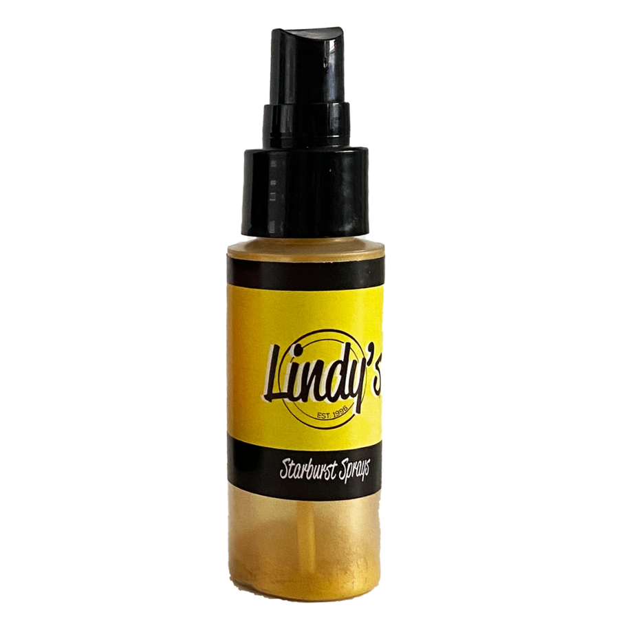 A bottle of Lindy's Starburst Sprays with a black spray nozzle and a yellow label, set against a plain white background. Lindy's Gang Yellow Rose of Texas Starburst Spray